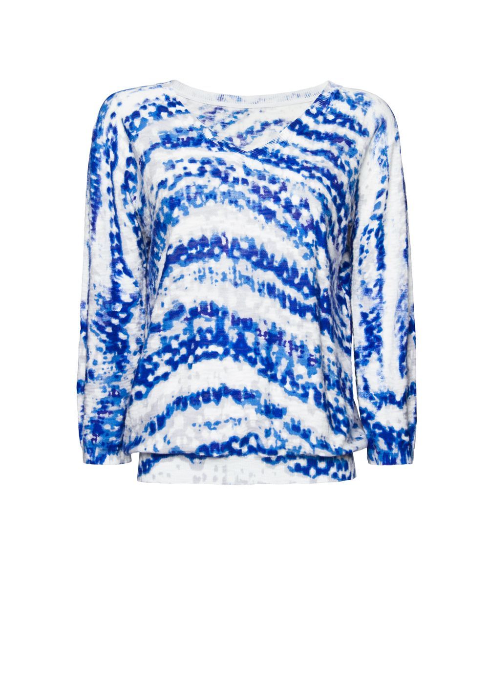 Women's Short Sleeved Jumper, Blue - neckline: v-neck; pattern: lightly patterned, print, patterned/print; style: standard; predominant colour: royal blue; occasions: casual; length: standard; fibres: cotton - mix; material texture: jersey; fit: slim fit; trends: prints; sleeve length: 3/4 length; sleeve style: standard; pattern type: knitted - other; pattern size: small & light; texture group: jersey - stretchy/drapey