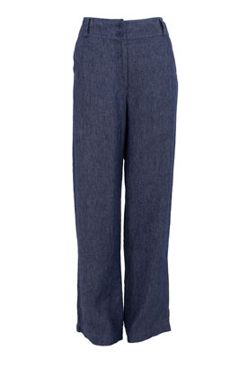 Indigo Denim Linen Wide Leg Trousers - length: standard; pocket detail: small back pockets, pockets at the sides; waist detail: wide waistband/cummerbund; waist: high rise; predominant colour: navy; occasions: casual, work; fibres: linen - 100%; material texture: denim; texture group: denim; fit: wide leg; style: standard