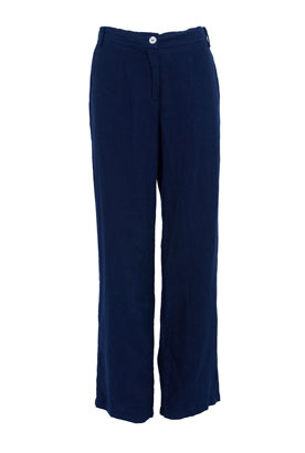 French Navy Washed Linen Trousers - length: standard; pocket detail: small back pockets, pockets at the sides; waist: mid/regular rise; predominant colour: navy; occasions: casual; fibres: linen - 100%; material texture: calico; waist detail: narrow waistband; trends: aquatic; texture group: cotton feel fabrics; fit: wide leg; style: standard