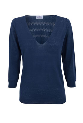 Ink Linen & Cotton Pointelle Jumper - neckline: low v-neck; pattern: plain; style: standard; back detail: contrast pattern/fabric at back; predominant colour: navy; occasions: casual; length: standard; fibres: linen - mix; material texture: jersey; fit: standard fit; sleeve length: 3/4 length; sleeve style: standard; pattern type: knitted - other; pattern size: standard; texture group: jersey - stretchy/drapey