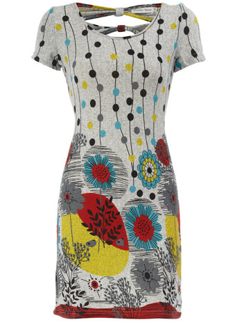 Grey Floral Print Dress - style: shift; length: mid thigh; pattern: print, abstract, graphic print, patterned/print; waist detail: fitted waist; back detail: tie detail at back, low cut/open back, embellishment at back; hip detail: fitted at hip; predominant colour: mid grey; occasions: casual, evening; fit: body skimming; neckline: scoop; fibres: polyester/polyamide - stretch; material texture: chiffon; trends: prints; sleeve length: short sleeve; sleeve style: standard; texture group: sheer fabrics/chiffon/organza etc.; pattern type: fabric; pattern size: standard