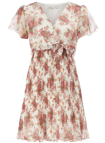 Beige V Neck Floral Dress - style: tea dress; length: mini; neckline: v-neck; sleeve style: angel/waterfall; fit: fitted at waist; pattern: floral - busy, floral - light, florals; waist detail: fitted waist, belted waist/tie at waist/drawstring; occasions: casual; fibres: cotton - 100%; material texture: chiffon; predominant colour: multicoloured; trends: prints; sleeve length: short sleeve; texture group: sheer fabrics/chiffon/organza etc.; pattern type: fabric; pattern size: small & light