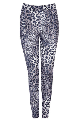Grey Leopard Tapered Trousers - length: standard; waist: mid/regular rise; predominant colour: mid grey; occasions: casual, evening; fibres: polyester/polyamide - 100%; material texture: denim; waist detail: narrow waistband; trends: prints; texture group: denim; fit: tapered; style: standard