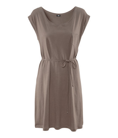 Dress - style: t-shirt; pattern: plain; sleeve style: sleeveless; waist detail: fitted waist, belted waist/tie at waist/drawstring; predominant colour: taupe; occasions: casual; length: just above the knee; fit: body skimming; neckline: scoop; fibres: cotton - 100%; material texture: jersey; sleeve length: sleeveless; pattern type: fabric; pattern size: standard; texture group: jersey - stretchy/drapey