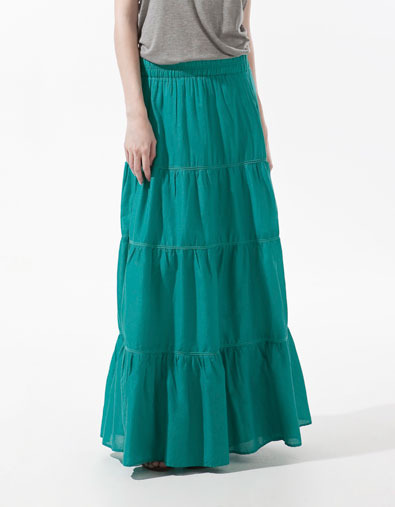 Panelled Skirt - pattern: plain; fit: body skimming; waist: mid/regular rise; predominant colour: teal; occasions: casual; length: floor length; style: maxi skirt; fibres: cotton - 100%; material texture: chiffon; texture group: sheer fabrics/chiffon/organza etc.; pattern type: fabric; pattern size: standard