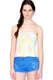 Amy Pastel Aztec Bandeau - neckline: strapless (straight/sweetheart); sleeve style: strapless; pattern: print, abstract, patterned/print; bust detail: ruching/gathering/draping/layers/pintuck pleats at bust; occasions: casual; length: standard; style: top; fibres: polyester/polyamide - stretch; material texture: denim; fit: tailored/fitted; predominant colour: multicoloured; trends: prints; sleeve length: sleeveless; texture group: denim; pattern type: fabric; pattern size: standard