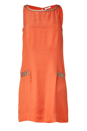 Orange Judy Dress With Pearls - style: shift; neckline: round neck; pattern: plain; sleeve style: sleeveless; hip detail: side pockets at hip; predominant colour: bright orange; occasions: casual, occasion; length: just above the knee; fit: straight cut; fibres: polyester/polyamide - stretch; material texture: sateen; sleeve length: sleeveless; texture group: structured shiny - satin/tafetta/silk etc.; pattern type: fabric; embellishment: beading