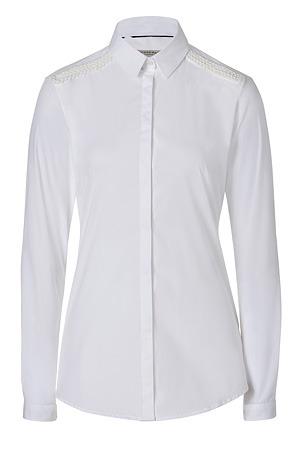 White Embroidered Top - neckline: shirt collar/peter pan/zip with opening; pattern: plain; style: shirt; predominant colour: white; occasions: casual, work; length: standard; fibres: cotton - mix; material texture: tulle; fit: body skimming; sleeve length: long sleeve; sleeve style: standard; texture group: sheer fabrics/chiffon/organza etc.; pattern type: fabric; pattern size: standard; embellishment: embroidered
