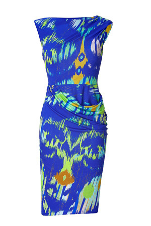 Cobalt Blue Draped Jersey Dress - style: shift; neckline: round neck; pattern: lightly patterned, print, patterned/print; sleeve style: sleeveless; waist detail: fitted waist; hip detail: fitted at hip, ruching/gathering at hip, soft pleats at hip/draping at hip/flared at hip; predominant colour: royal blue; occasions: casual, evening, occasion; length: just above the knee; fit: body skimming; fibres: polyester/polyamide - stretch; material texture: jersey; trends: prints; sleeve length: sleeveless; pattern type: fabric; pattern size: small & light; texture group: jersey - stretchy/drapey
