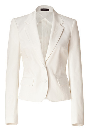 Ecru Cotton Stretch Two Button Blazer - pattern: plain; style: single breasted blazer; hip detail: side pockets at hip; length: below the bottom; fit: slim fit; collar: standard lapel/rever collar; predominant colour: ivory; occasions: casual; fibres: cotton - mix; material texture: denim; waist detail: fitted waist; sleeve length: long sleeve; sleeve style: standard; texture group: denim; pattern type: fabric; pattern size: standard