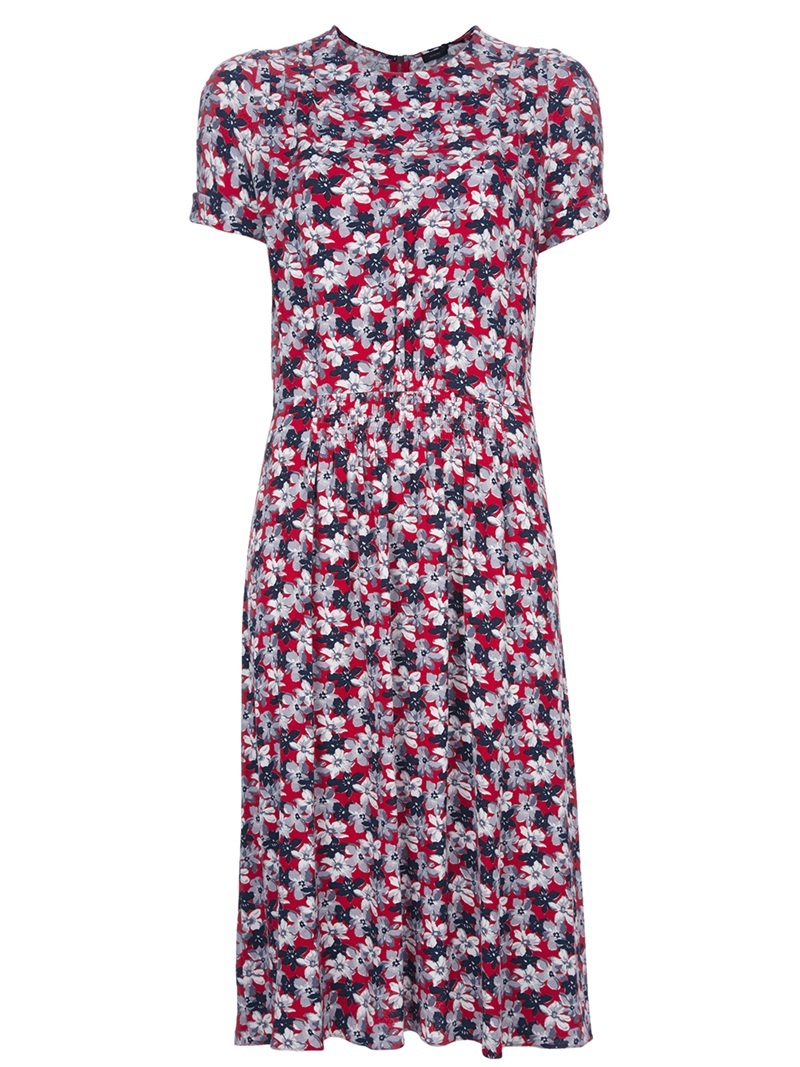 Floral Dress - style: tea dress; length: calf length; neckline: round neck; fit: fitted at waist; pattern: floral - busy, florals; waist detail: elasticated waist, twist front waist detail/nipped in at waist on one side/soft pleats/draping/ruching/gathering waist detail, structured pleats at waist; predominant colour: navy; occasions: casual, work; fibres: polyester/polyamide - 100%; material texture: jersey; hip detail: soft pleats at hip/draping at hip/flared at hip; trends: prints; sleeve length: short sleeve; sleeve style: standard; pattern type: fabric; pattern size: small & busy; texture group: jersey - stretchy/drapey