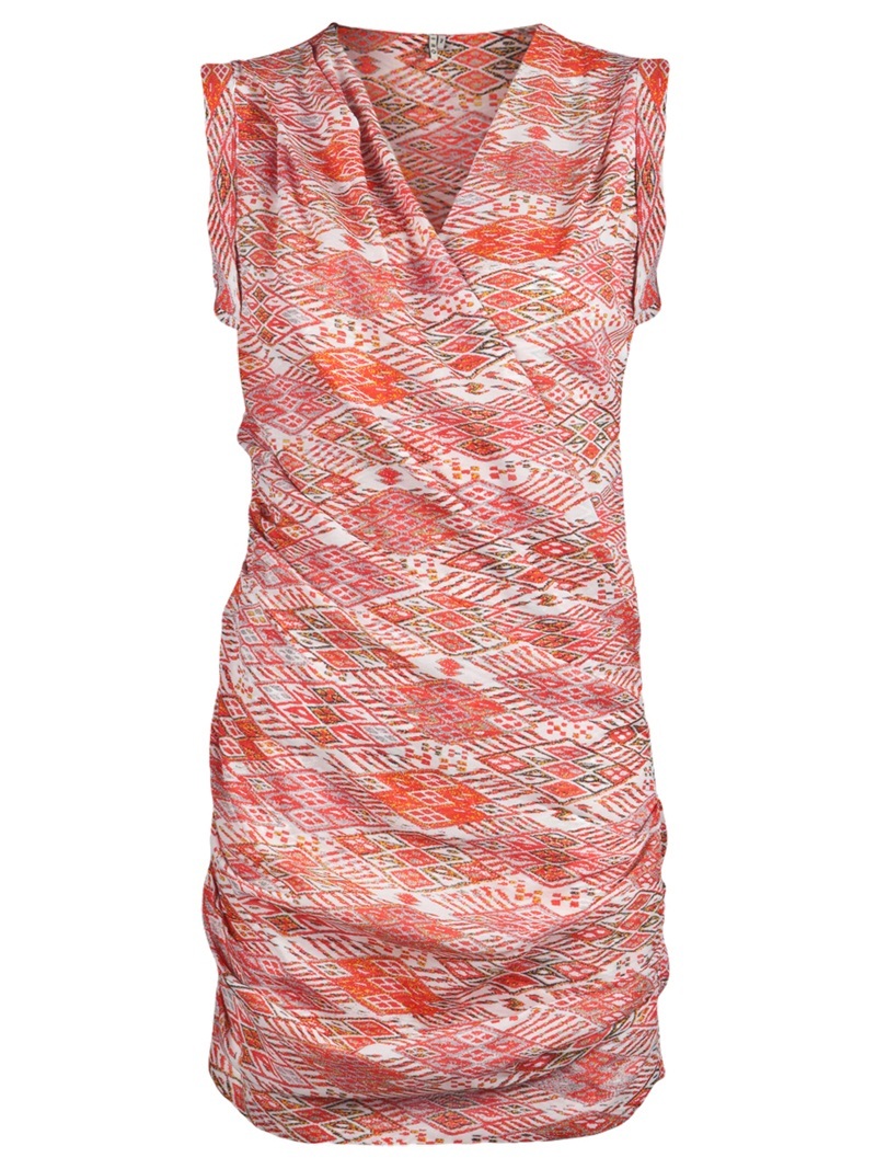 Salome Ruched Tunic - style: faux wrap/wrap; length: mid thigh; neckline: v-neck; fit: tailored/fitted; sleeve style: sleeveless; pattern: print, graphic print, patterned/print; waist detail: twist front waist detail/nipped in at waist on one side/soft pleats/draping/ruching/gathering waist detail; bust detail: ruching/gathering/draping/layers/pintuck pleats at bust; predominant colour: bright orange; occasions: casual, evening; fibres: silk - mix; material texture: satin; hip detail: ruching/gathering at hip; trends: prints; sleeve length: sleeveless; texture group: structured shiny - satin/tafetta/silk etc.; pattern type: fabric; pattern size: standard