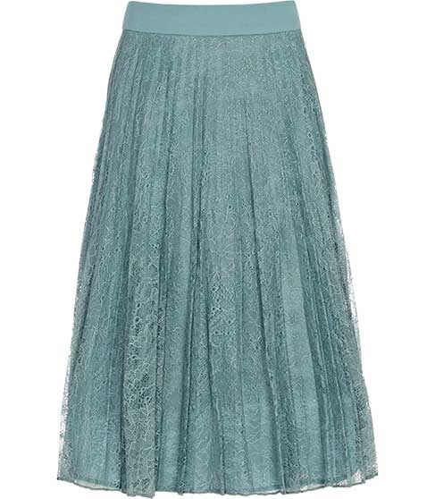 Juniper Pleated Lace Skirt - pattern: plain, lace; fit: loose/voluminous; style: pleated; waist detail: wide waistband/cummerbund, narrow waistband; waist: mid/regular rise; predominant colour: pistachio; occasions: casual, evening, occasion; length: on the knee; fibres: polyester/polyamide - 100%; material texture: lace; trends: pastels, aquatic; texture group: lace; pattern type: fabric; pattern size: standard