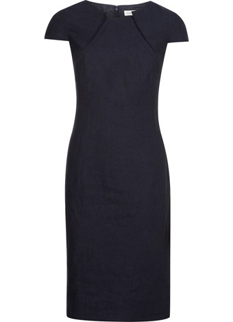 Navy Linen Dress - style: shift; sleeve style: capped; fit: tailored/fitted; pattern: plain; waist detail: fitted waist; hip detail: fitted at hip; bust detail: ruching/gathering/draping/layers/pintuck pleats at bust; predominant colour: navy; occasions: evening, work; length: on the knee; fibres: linen - 100%; material texture: jersey; neckline: crew; sleeve length: short sleeve; pattern type: fabric; pattern size: standard; texture group: jersey - stretchy/drapey