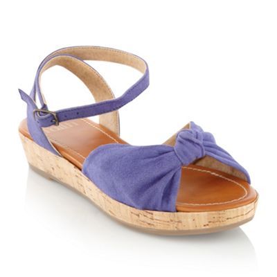 Blue Suede Wedge Sandals - predominant colour: indigo; material: suede; heel height: mid; embellishment: buckles; ankle detail: ankle strap; heel: wedge; toe: open toe/peeptoe; style: standard