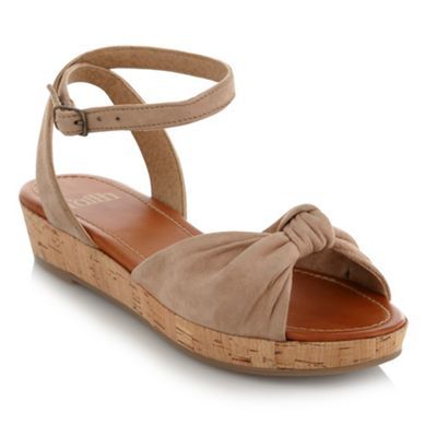 Natural Suede Wedge Sandals - predominant colour: camel; material: suede; heel height: mid; embellishment: buckles; ankle detail: ankle strap; heel: wedge; toe: open toe/peeptoe; style: standard