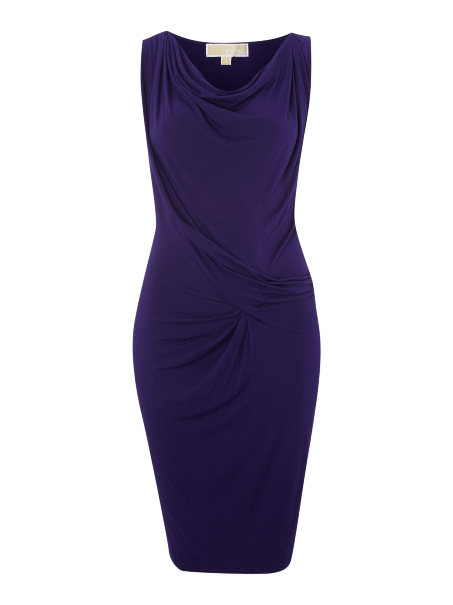 Women's Sleeveless Jersey Dress, Iris - style: shift; neckline: cowl/draped neck; pattern: plain; sleeve style: sleeveless; waist detail: twist front waist detail/nipped in at waist on one side/soft pleats/draping/ruching/gathering waist detail; bust detail: ruching/gathering/draping/layers/pintuck pleats at bust; predominant colour: navy; occasions: evening, occasion; length: on the knee; fit: body skimming; fibres: polyester/polyamide - stretch; material texture: jersey; hip detail: soft pleats at hip/draping at hip/flared at hip; sleeve length: sleeveless; pattern type: fabric; pattern size: standard; texture group: jersey - stretchy/drapey