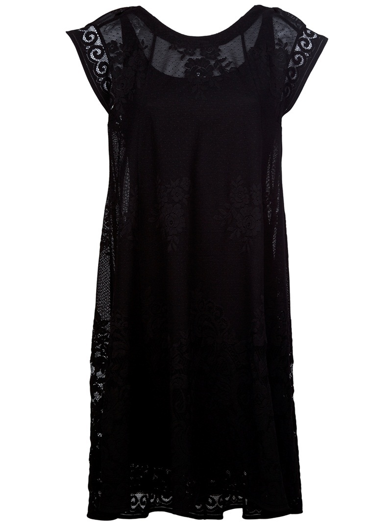 Short Sleeve Dress - style: tunic; sleeve style: capped; predominant colour: black; occasions: casual, evening; length: on the knee; fit: soft a-line; neckline: scoop; fibres: viscose/rayon - stretch; material texture: lace; hip detail: structured pleats at hip; sleeve length: short sleeve; texture group: lace; pattern type: fabric; pattern size: standard; embellishment: embroidered
