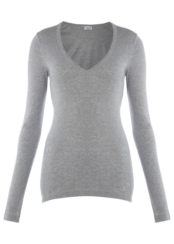 Long Sleeve V Neck Top Heather Grey - neckline: low v-neck; pattern: plain; waist detail: fitted waist; hip detail: fitted at hip; predominant colour: light grey; occasions: casual, work; length: standard; style: top; fibres: cotton - mix; material texture: jersey; fit: body skimming; sleeve length: long sleeve; sleeve style: standard; pattern type: fabric; pattern size: standard; texture group: jersey - stretchy/drapey