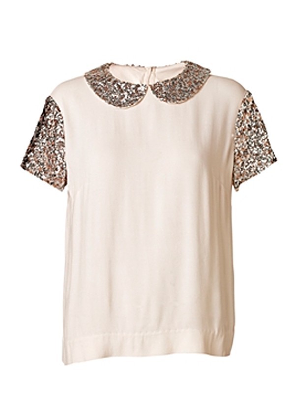 Ilyas Shirt Vanilla Cream - style: blouse; predominant colour: ivory; occasions: casual, evening; length: standard; fibres: polyester/polyamide - 100%; material texture: chiffon; fit: loose; neckline: no opening/shirt collar/peter pan; back detail: keyhole/peephole detail at back; trends: aquatic; sleeve length: short sleeve; sleeve style: standard; texture group: sheer fabrics/chiffon/organza etc.; pattern type: fabric; pattern size: standard; embellishment: sequins