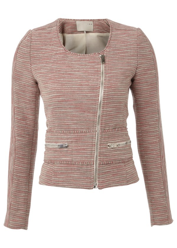Haven Woolen Jacket Rouge - pattern: lightly patterned, patterned/print; style: single breasted blazer; shoulder detail: shoulder pads; hip detail: side pockets at hip, front pockets at hip; collar: round collar/collarless; fit: slim fit; predominant colour: pink; occasions: casual; length: standard; fibres: cotton - stretch; material texture: denim; waist detail: fitted waist; sleeve length: long sleeve; sleeve style: standard; texture group: denim; collar break: high; pattern type: fabric; pattern size: small & light