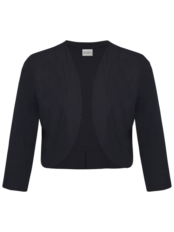 Jersey Bolero, Black - pattern: plain; style: bolero/shrug; collar: shawl/waterfall; length: cropped; fit: slim fit; predominant colour: black; occasions: evening, work, occasion; fibres: polyester/polyamide - 100%; material texture: jersey; sleeve length: 3/4 length; sleeve style: standard; collar break: low/open; pattern type: fabric; pattern size: standard; texture group: jersey - stretchy/drapey