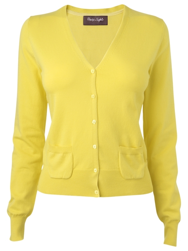 Basic Pocket Cardigan, Pineapple - neckline: v-neck; pattern: plain; hip detail: front pockets at hip, fitted at hip; bust detail: buttons at bust (in middle at breastbone)/zip detail at bust; predominant colour: primrose yellow; occasions: casual, work; length: standard; style: standard; fibres: polyester/polyamide - 100%; material texture: jersey; fit: slim fit; waist detail: fitted waist; trends: brights; sleeve length: long sleeve; sleeve style: standard; pattern type: knitted - other; pattern size: standard; texture group: jersey - stretchy/drapey