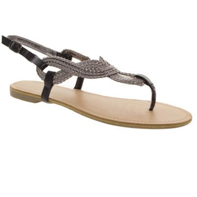 Metallic Plaited Strap Slingback Toe Post Sandals - predominant colour: silver; material: faux leather; heel height: flat; embellishment: beading; ankle detail: ankle strap; heel: standard; toe: toe thongs; style: flip flops / toe post
