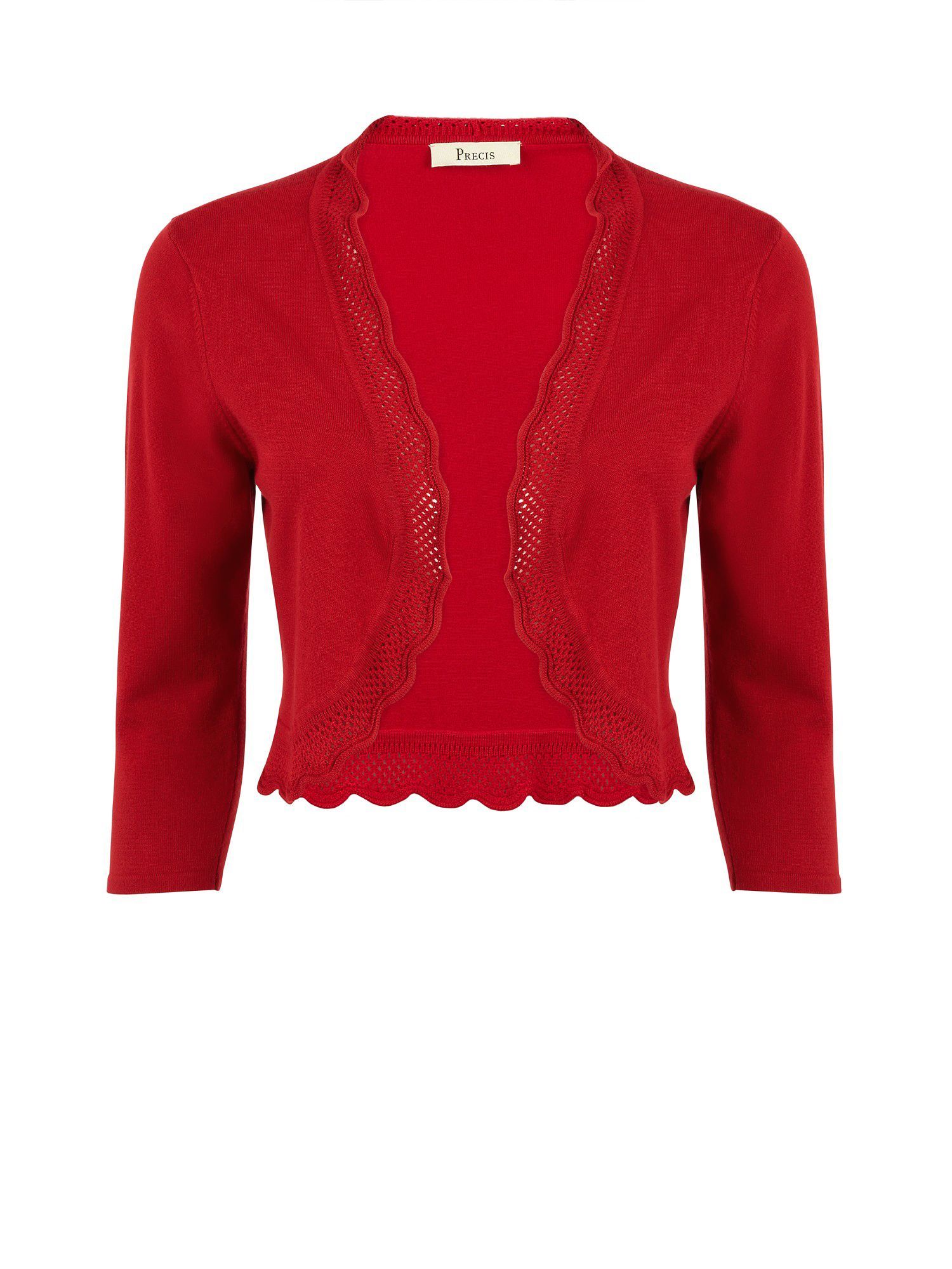 Women's Poppy Crochet Trim Shrug, Red - pattern: plain, lace; style: bolero/shrug; length: cropped; neckline: collarless open; predominant colour: true red; occasions: casual, evening, work, occasion; fibres: nylon - mix; material texture: chiffon; fit: slim fit; trends: brights; sleeve length: 3/4 length; sleeve style: standard; texture group: sheer fabrics/chiffon/organza etc.; pattern type: knitted - other; pattern size: standard