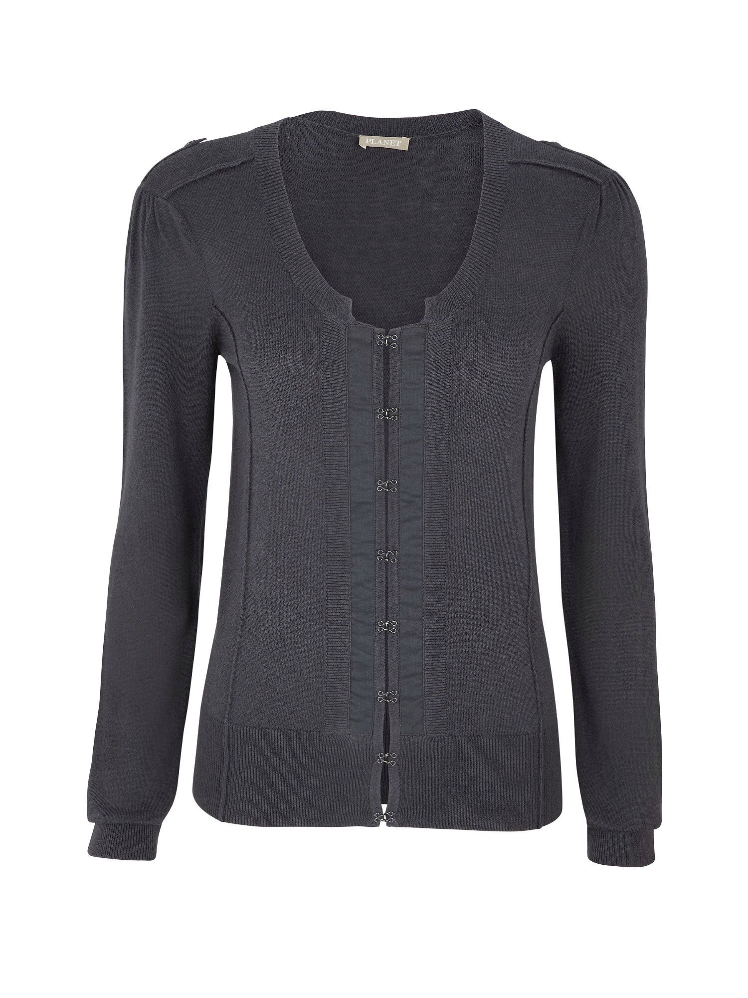 Women's Silver Military Style Cardigan, Charcoal - neckline: scoop neck; pattern: plain; style: fine knit; hip detail: fitted at hip; bust detail: buttons at bust (in middle at breastbone)/zip detail at bust; predominant colour: charcoal; occasions: casual, work; length: standard; fibres: cotton - 100%; material texture: jersey; fit: slim fit; waist detail: fitted waist; sleeve length: long sleeve; sleeve style: standard; pattern type: knitted - other; pattern size: standard; texture group: jersey - stretchy/drapey