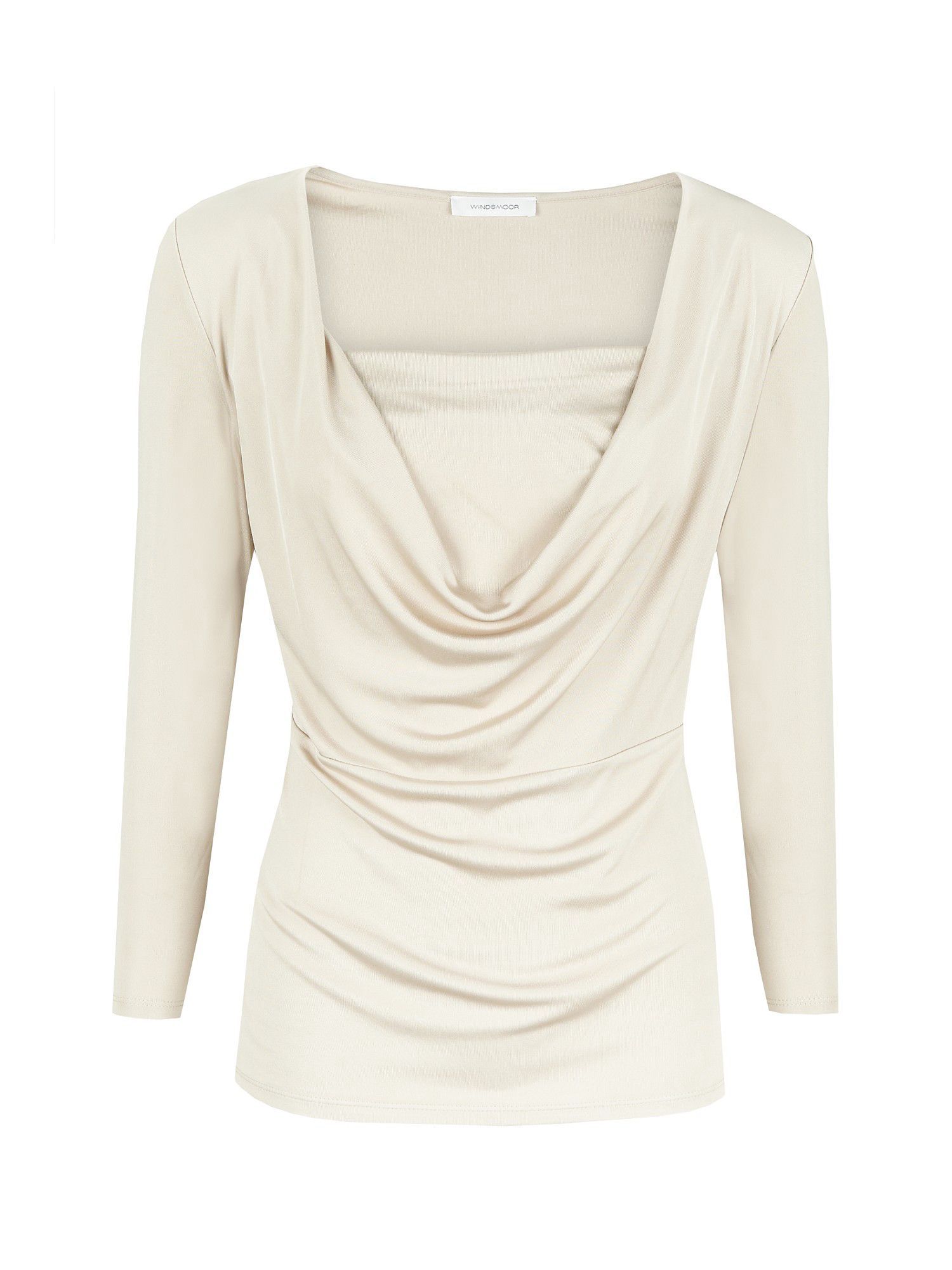 Women's Stone Cowl Neck Jersey Top, Stone - neckline: cowl/draped neck; pattern: plain; bust detail: ruching/gathering/draping/layers/pintuck pleats at bust; predominant colour: stone; occasions: casual, evening, work; length: standard; style: top; fibres: polyester/polyamide - 100%; material texture: jersey; fit: tailored/fitted; sleeve length: 3/4 length; sleeve style: standard; pattern type: fabric; pattern size: standard; texture group: jersey - stretchy/drapey