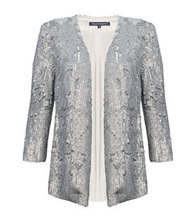 Pearl Queen Jacket - pattern: plain; collar: shawl/waterfall; style: tailored/fitted; predominant colour: silver; occasions: evening, occasion; length: standard; fit: tailored/fitted; fibres: polyester/polyamide - 100%; material texture: metallic; sleeve length: 3/4 length; sleeve style: standard; collar break: low/open; pattern type: fabric; pattern size: standard; embellishment: sequins