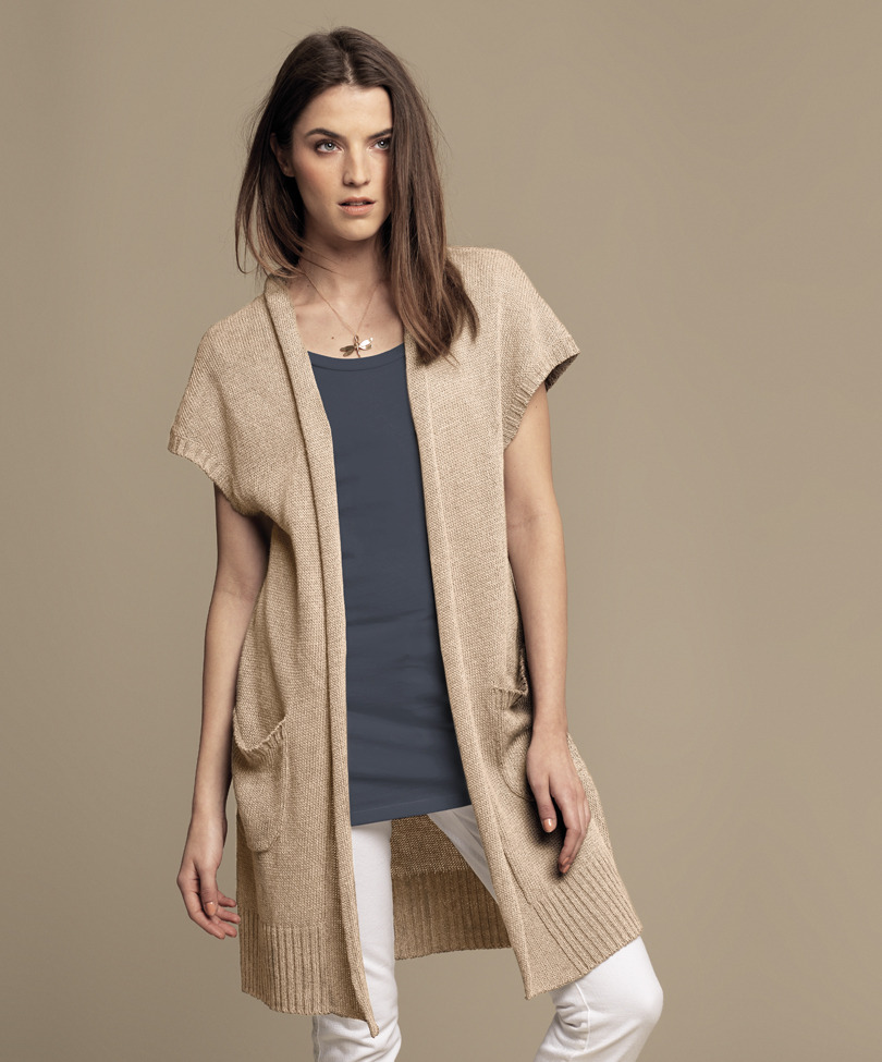 Long Line Cardi - pattern: plain; neckline: shawl; hip detail: front pockets at hip; length: above the knee; predominant colour: stone; occasions: casual; style: standard; fibres: linen - 100%; material texture: jersey; sleeve length: short sleeve; sleeve style: standard; pattern type: knitted - other; pattern size: standard; texture group: jersey - stretchy/drapey