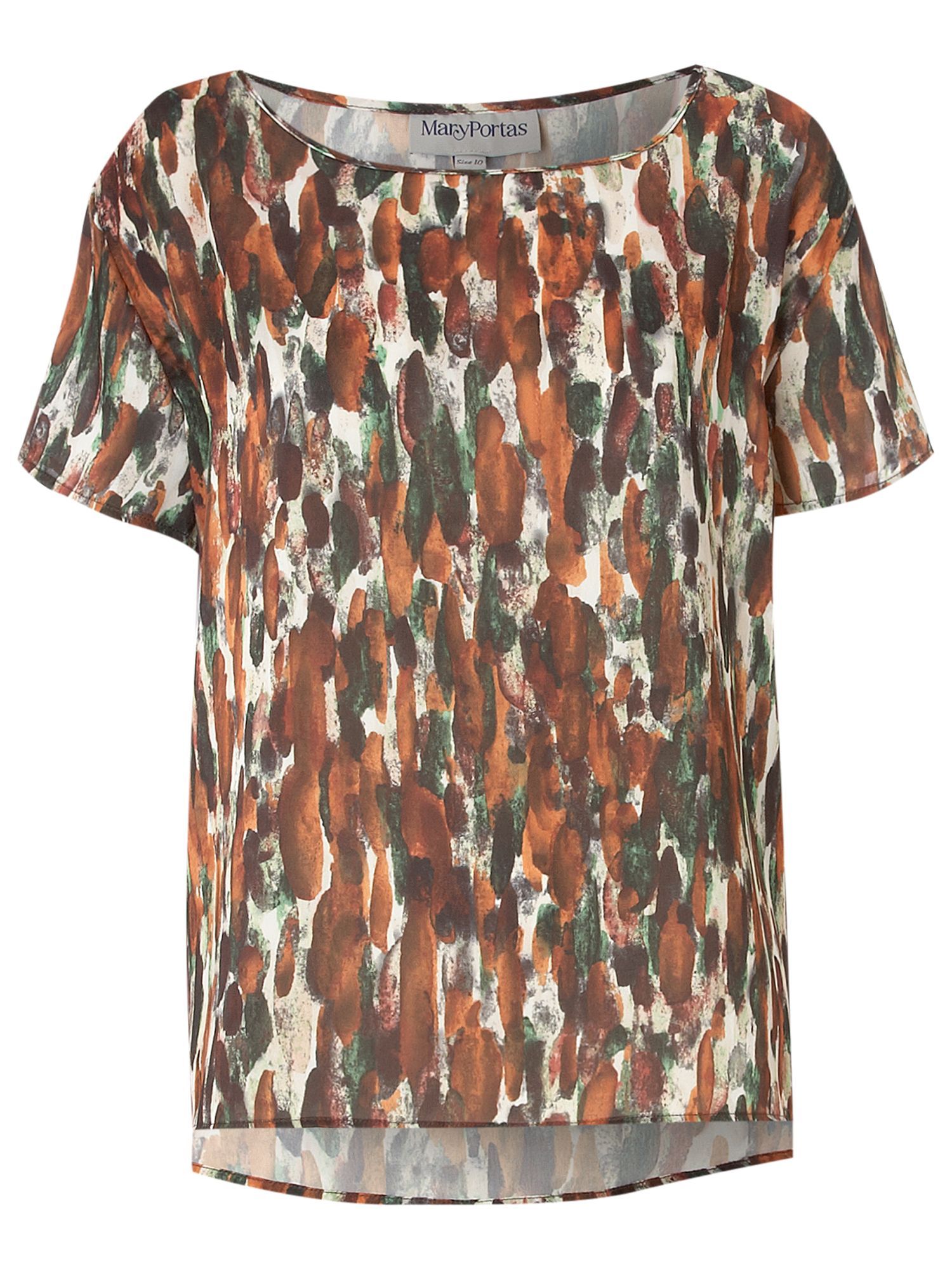 Women's Drop Back Hem Tee, Multi Coloured - neckline: round neck; pattern: print, abstract, patterned/print; style: t-shirt; predominant colour: terracotta; occasions: casual; length: standard; fibres: polyester/polyamide - 100%; material texture: jersey; fit: body skimming; back detail: longer hem at back than at front; trends: prints; sleeve length: short sleeve; sleeve style: standard; pattern type: fabric; pattern size: standard; texture group: jersey - stretchy/drapey