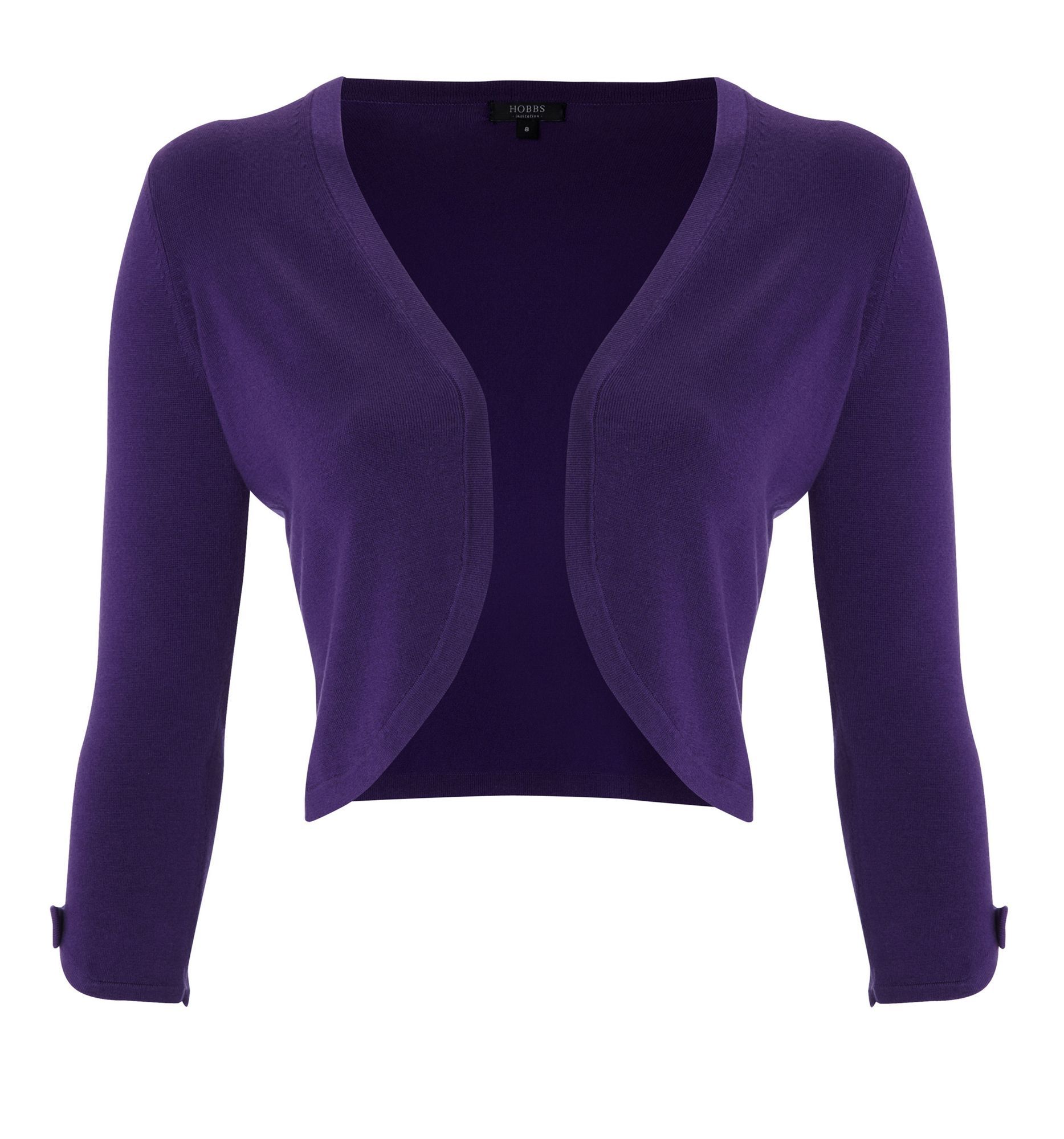 Women's Jewel Bolero, Purple - pattern: plain; style: bolero/shrug; length: cropped; neckline: collarless open; predominant colour: purple; occasions: casual, evening, work, occasion; fibres: polyester/polyamide - stretch; material texture: jersey stretch; fit: standard fit; sleeve length: 3/4 length; sleeve style: standard; texture group: jersey - clingy; pattern type: knitted - other; pattern size: standard