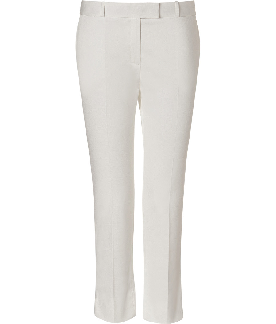 Ecru Cotton Stretch Pants - waist detail: fitted waist, narrow waistband; pocket detail: small back pockets, pockets at the sides; waist: mid/regular rise; predominant colour: white; occasions: casual, work, occasion; length: calf length; fibres: cotton - stretch; hip detail: fitted at hip (bottoms); material texture: silky; trends: pastels, white; texture group: silky - light; fit: slim leg; style: standard