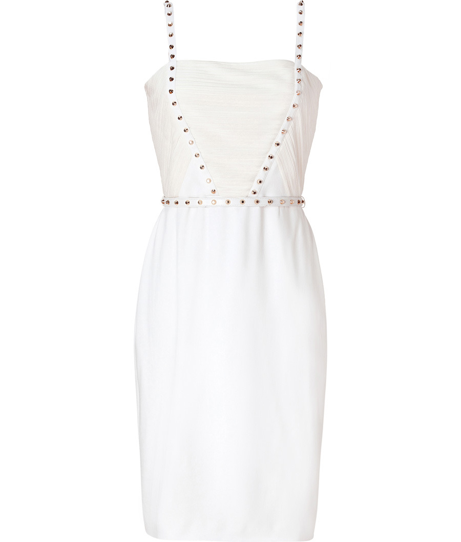 Ivory Gold Studded Dress - style: shift; neckline: high square neck; sleeve style: spaghetti straps; pattern: lightly patterned, metallic, patterned/print; bust detail: added detail/embellishment at bust, contrast pattern/fabric/detail at bust; waist detail: fitted waist, embellishment at waist/feature waistband, belted waist/tie at waist/drawstring; hip detail: fitted at hip; shoulder detail: contrast pattern/fabric at shoulder, multiple straps/strappy shoulder detail; predominant colour: white; occasions: casual, evening, occasion; length: just above the knee; fit: body skimming; fibres: polyester/polyamide - stretch; material texture: silky; sleeve length: sleeveless; texture group: silky - light; pattern type: fabric; pattern size: light/subtle