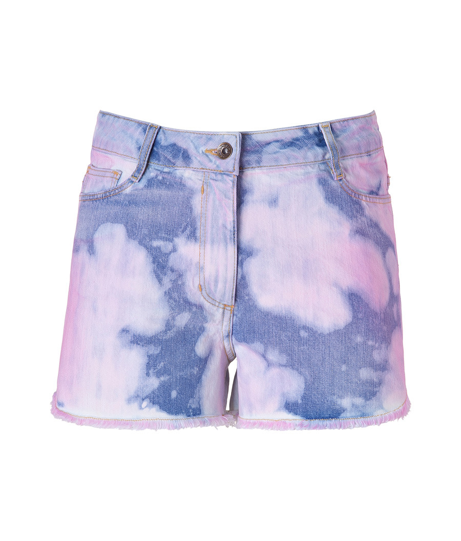 Denim And Rose Tie Dye Jean Shorts - style: shorts; waist detail: fitted waist, narrow waistband; pocket detail: traditional 5 pocket; length: short shorts; waist: mid/regular rise; predominant colour: denim; occasions: casual; fibres: cotton - 100%; material texture: denim; hip detail: fitted at hip (bottoms); trends: prints; texture group: denim; fit: slim leg