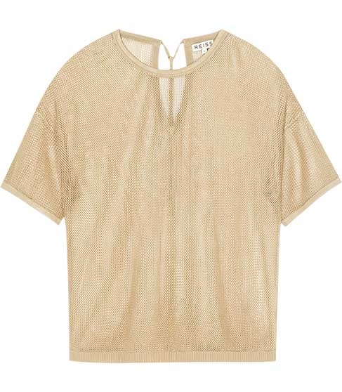 Beabea Mesh T Shirt - neckline: round neck; pattern: plain, metallic; bust detail: sheer at bust; style: t-shirt; back detail: tie detail at back, keyhole/peephole detail at back; predominant colour: gold; occasions: casual; length: standard; fibres: polyester/polyamide - 100%; material texture: metallic; fit: body skimming; trends: sports luxe; sleeve length: short sleeve; sleeve style: standard; pattern type: fabric; pattern size: standard