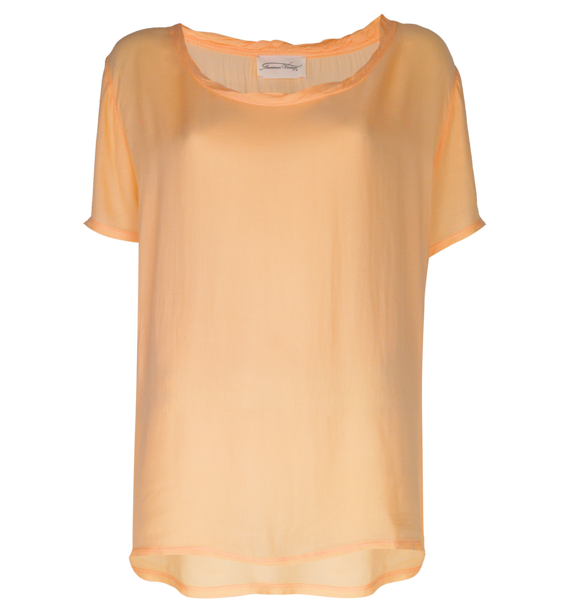 Round Neck Top - neckline: round neck; pattern: plain; length: below the bottom; style: t-shirt; predominant colour: coral; occasions: casual; fibres: polyester/polyamide - 100%; material texture: denim; fit: loose; back detail: longer hem at back than at front; trends: pastels; sleeve length: short sleeve; sleeve style: standard; texture group: denim; pattern type: fabric; pattern size: standard