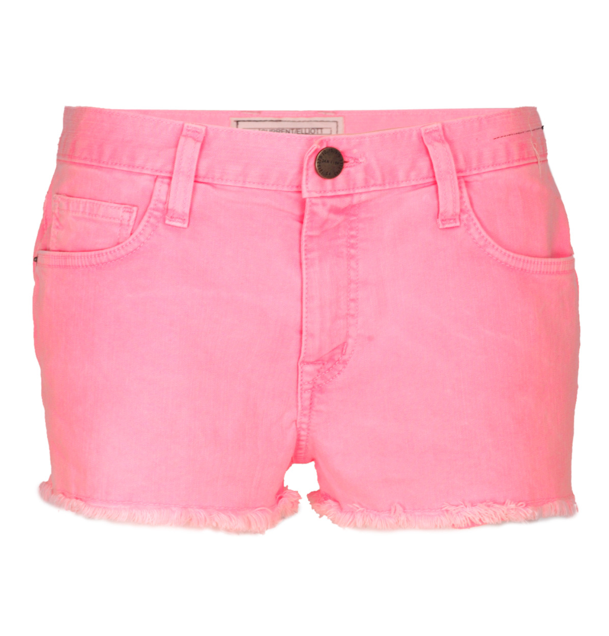 Current/Elliott The Boyfriend Denim Shorts - style: shorts; pocket detail: traditional 5 pocket; length: short shorts; waist: mid/regular rise; predominant colour: pink; occasions: casual; fibres: cotton - stretch; material texture: denim; waist detail: narrow waistband; trends: brights; texture group: denim; fit: slim leg