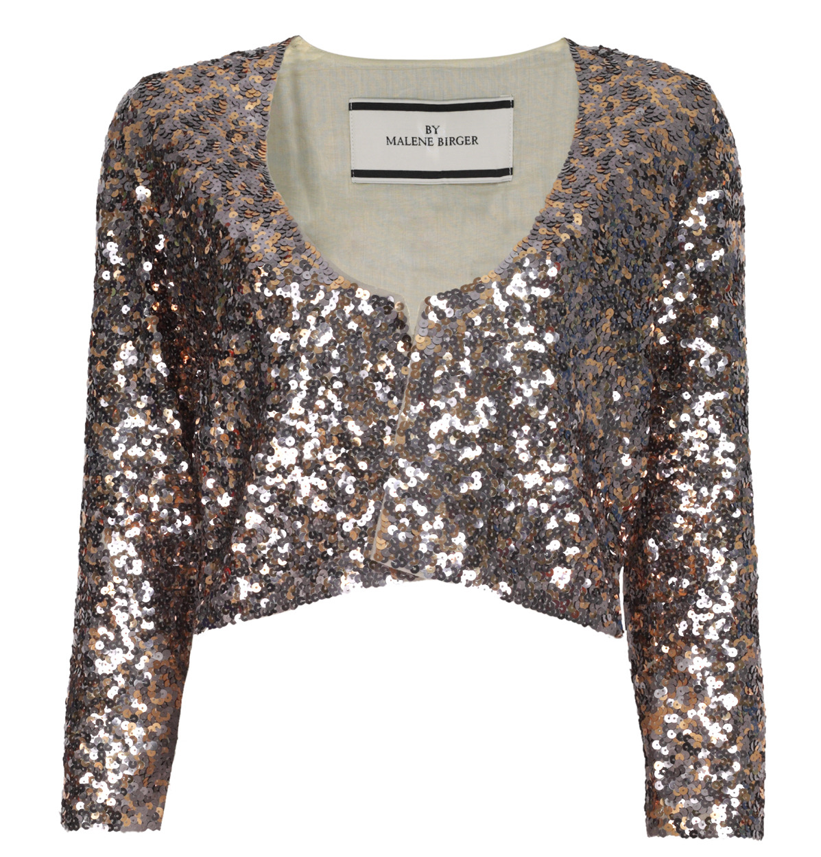 Mastyka Sequinned Embellished Jacket - pattern: plain; collar: round collar/collarless; length: cropped; style: boxy; occasions: evening, occasion; fit: straight cut (boxy); fibres: polyester/polyamide - stretch; material texture: metallic; predominant colour: multicoloured; sleeve length: 3/4 length; sleeve style: standard; collar break: high; pattern type: fabric; pattern size: standard; embellishment: sequins