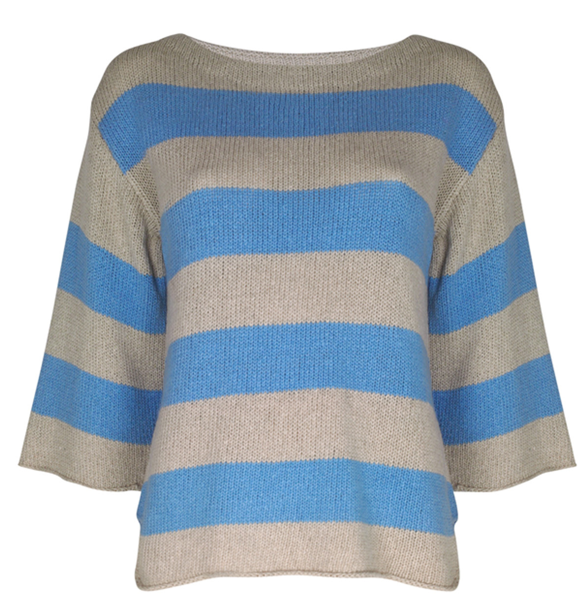 Essiu Striped Pullover - neckline: slash/boat neckline; pattern: horizontal stripes; style: standard; predominant colour: stone; occasions: casual; length: standard; fibres: linen - mix; material texture: chiffon; waist detail: fitted waist; sleeve length: 3/4 length; sleeve style: standard; texture group: sheer fabrics/chiffon/organza etc.; pattern type: knitted - other; pattern size: standard