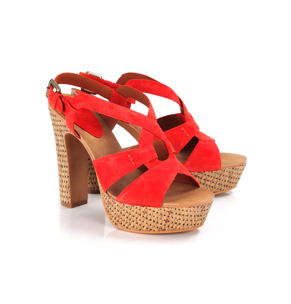 Delirium Woven Sandals - predominant colour: bright orange; material: patent; heel height: high; ankle detail: ankle strap; heel: platform; toe: open toe/peeptoe; style: strappy; finish: patent