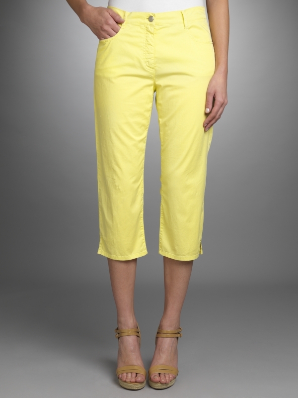 Cropped Trousers, Limelight - style: capri; pocket detail: traditional 5 pocket; length: below the knee; waist: mid/regular rise; predominant colour: primrose yellow; occasions: casual; fibres: cotton - stretch; material texture: jersey; trends: pastels; fit: straight leg; texture group: jersey - stretchy/drapey