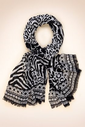 Autograph Animal Patchwork Lightweight Scarf With Silk - predominant colour: black; type of pattern: heavy; style: skinny; size: standard; material: fabric; embellishment: fringing; pattern: abstract, animal print, patterned/print