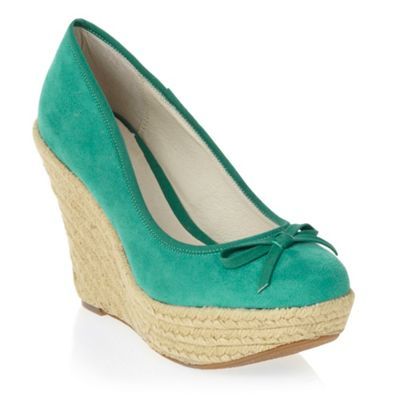 Green Woven Wedge Shoes - predominant colour: emerald green; material: fabric; heel height: high; heel: wedge; toe: round toe; style: courts