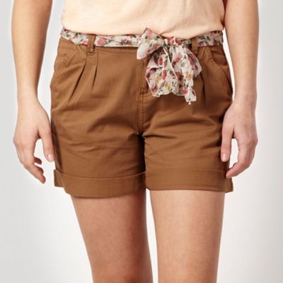 Tan Scarf Belt Shorts - style: shorts; pocket detail: small back pockets, pockets at the sides; waist detail: belted waist/tie at waist/drawstring; length: short shorts; waist: mid/regular rise; predominant colour: tan; occasions: casual; fibres: cotton - 100%; hip detail: front pleats at hip level; fit: straight leg