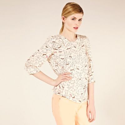 Neon Bird Mesh Insert Top - neckline: round neck; pattern: print, patterned/print; style: blouse; predominant colour: blush; occasions: casual, work; length: standard; fibres: polyester/polyamide - 100%; fit: body skimming; material texture: silky; trends: prints; sleeve length: 3/4 length; sleeve style: standard; texture group: silky - light; pattern type: fabric; pattern size: standard