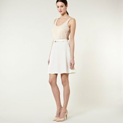 Crepe Belted Full Skirt. - pattern: plain; fit: loose/voluminous; waist detail: fitted waist, belted waist/tie at waist/drawstring; waist: high rise; predominant colour: white; occasions: casual, evening; length: just above the knee; style: a-line; fibres: polyester/polyamide - 100%; material texture: chiffon; hip detail: structured pleats at hip; trends: white; texture group: sheer fabrics/chiffon/organza etc.; pattern type: fabric; pattern size: standard